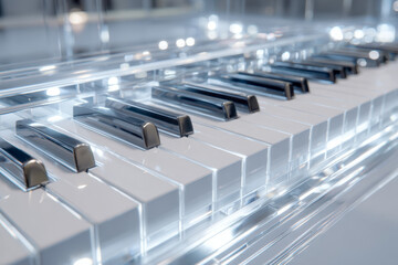 Transparent acrylic piano keyboard with glossy black and white keys elegantly illuminated by soft natural light in a modern setting