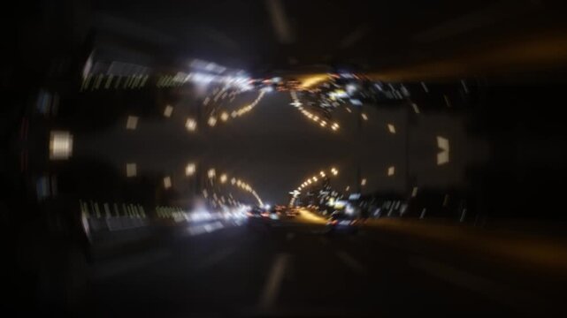 Taxi cab driving through city tunnel at night