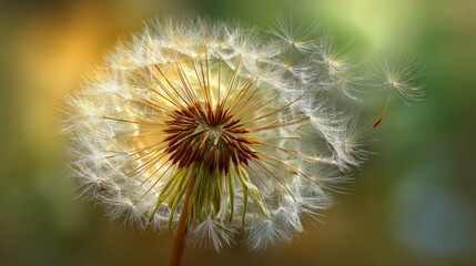 Fragile dandelion seed head dispersing delicate white seeds carried by the gentle breeze against a soft, warm, blurred natural background in springtime sunlight