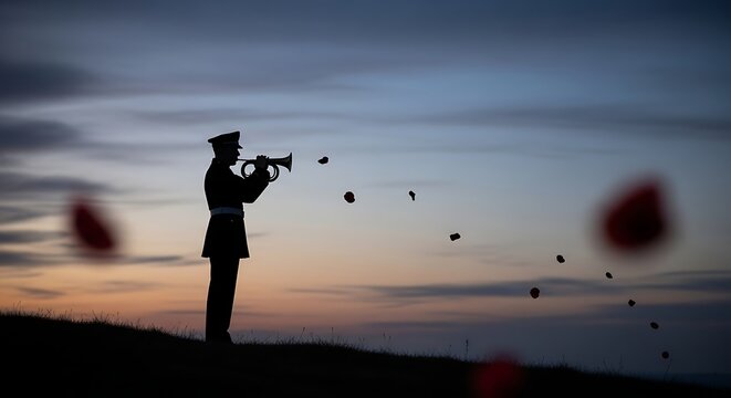 Silhouette of a bugler playing in honor of Remembrance Day at sunset with falling poppies