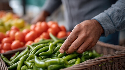 Hand selecting fresh green chili pepper at market, vibrant tomatoes in background, healthy food choice, natural produce, outdoor setting