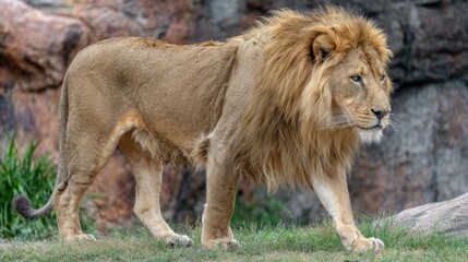 Obraz premium Majestic Lion Retreating: Profile of a Grown Male Big Cat Glancing Back