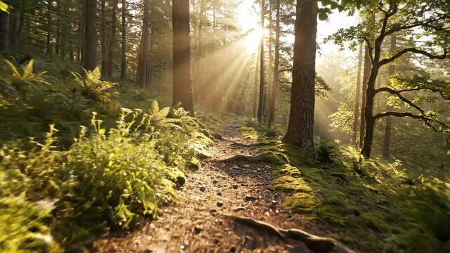 Point of view walking on a forest path. Hiking through a sunlit woodland with golden sunbeams. Nature and adventure concept
