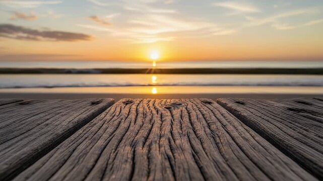 Wooden deck foreground with ocean horizon and brilliant sunset background