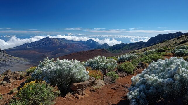 Majestic Silversword Amidst the Summit of Haleakala: A Stunning Landscape of Sky, Desert, and Green Hills