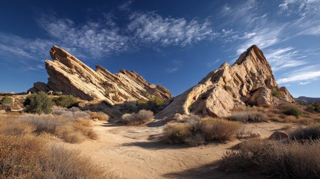Majestic Vasquez Rocks: Stunning Sandstone Formations in California's County Park at Dynamic Angles