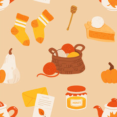Cozy autumn hygge seamless pattern, warm fall vector illustration with pumpkin pie, sweater, tea pot, candle, cinnamon, apples, yarn, honey and pumpkin, cute cozy home decor fall season design