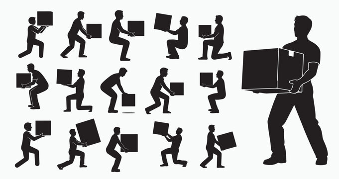 Collection silhouette icons illustrating various correct and incorrect ways to lift and carry box, emphasizing safe lifting techniques for preventing back injuries and promoting workplace safety