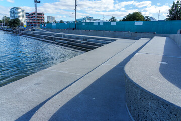 Downtown path and features along coastal harbour edge