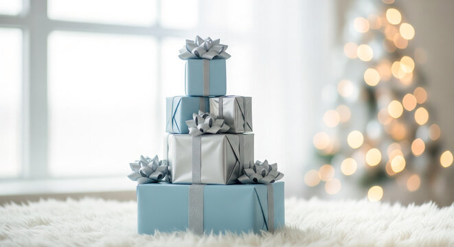 Elegant stack of blue and silver wrapped presents with shiny bows placed on a white rug near window, soft Christmas lights glowing in background.