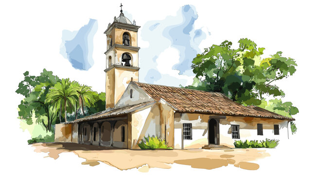 Jesuit Missions of La Sant?sima Trinidad. Jesuit Missions of La Sant?sima Trinidad hand drawn watercolor illustration