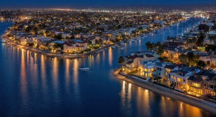 Fototapeta premium Panoramic Night View of Balboa Island, Newport - Stunning Cityscape and Aerial Landscape Highlights