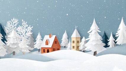 Fototapeta premium Snow falling on a quaint village with houses and snow covered pine trees under a starry sky