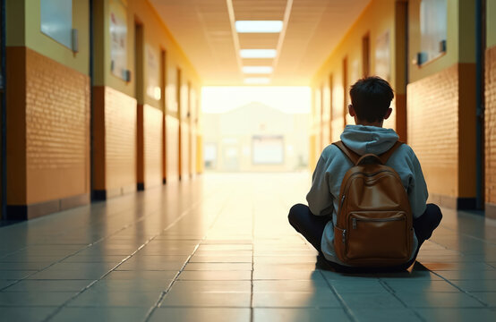 Teenager sits alone in school hallway with backpack. Young boy contemplates, lost in thought. Empty corridor, waiting, school day, lonely mood, hopeful light.