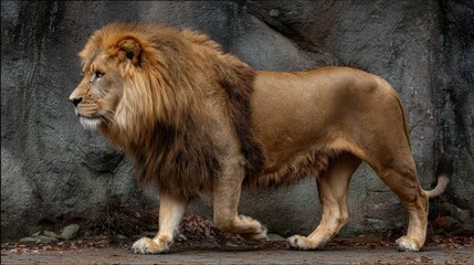 Obraz premium Profile of a Majestic Big Cat: Adult Lion Strolling Away While Casting a Glance Back