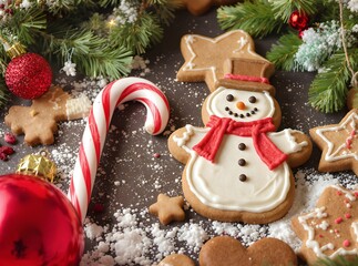 snowman shaped gingerbread cookie decorated with white icing. Christmas cookies