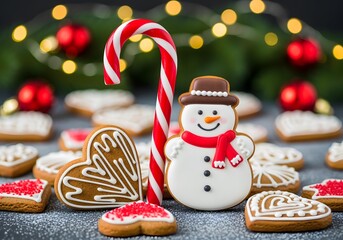 snowman shaped gingerbread cookie decorated with white icing. Christmas cookies