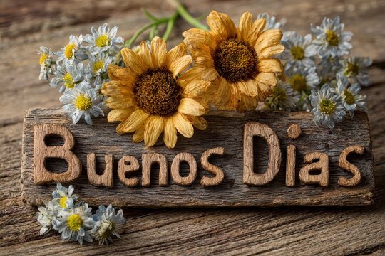 Rustic 'Buenos Dias' Greeting with Santini Flowers on Weathered Wood Background