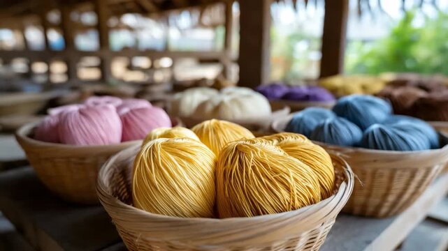 Vibrant yarn display in rustic wooden baskets on sunny day