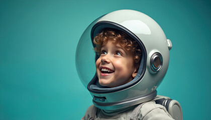 Caucasian boy wears astronaut helmet. Child in space suit looks up. Young boy with curly hair smiles. Boy in astronaut costume. Portrait of happy child in space helmet on blue background.