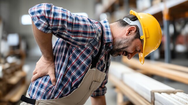 A focused construction worker experiencing back pain while managing materials in a warehouse - Powered by Adobe