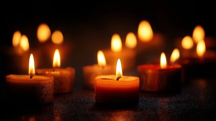 Warm and Inviting Glow of Multiple Flickering Candles in a Dark Setting Creating a Serene and Tranquil Atmosphere for Relaxation and Reflection