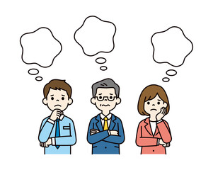 雲形のふきだしと、腕を組んで考える経営者と従業員の上半身ベクターイラスト素材セット＿カラー