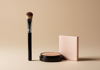 Makeup brush compact powder and a blank square display on a neutral background