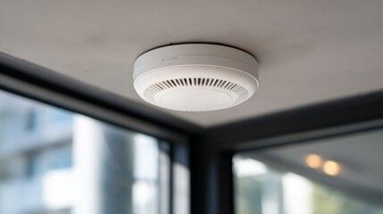 Modern Smoke Detector Installed on Ceiling in Contemporary Space with Natural Light and Clear Windows for Safety and Home Security