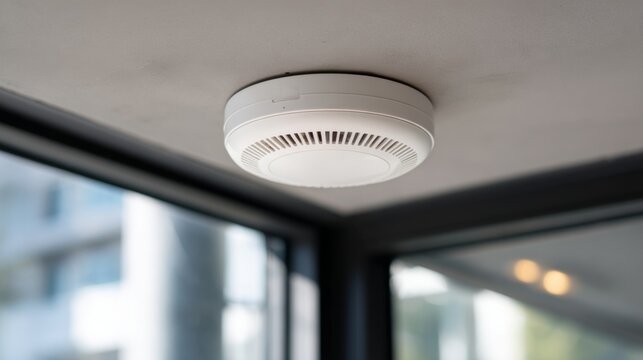 Modern Smoke Detector Installed on Ceiling in Contemporary Space with Natural Light and Clear Windows for Safety and Home Security