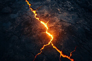 Glowing volcanic cracks and dark rock surface showing dramatic geological faults, generative ai