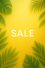 Vertical Summer "SALE" Banner with Tropical Leaves Framing a Bright Yellow Background