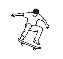 Dynamic line drawing captures skateboarder midair, performing trick with skateboard