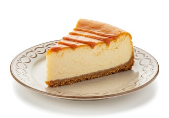 Delicious cheesecake slice on decorative plate isolated against white background