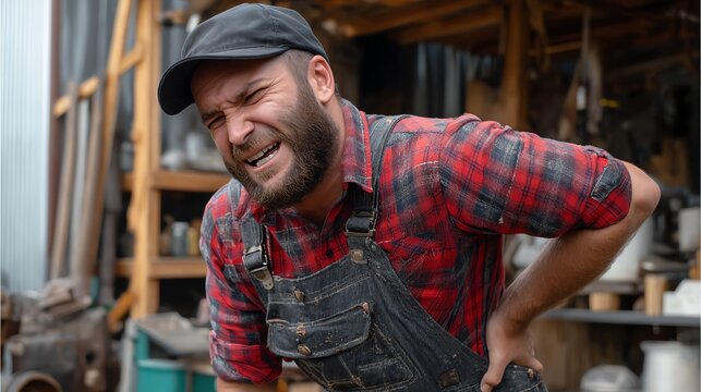 A male worker in a workshop experiences back pain, showcasing the physical demands of manual labor
