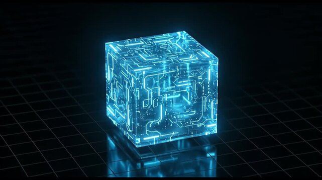Glowing circuit cube hovers above grid