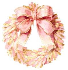 A pink ribbon is tied around a wreath