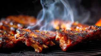 Grilled Barbecue Ribs Glazing with Smoky Aroma on a BBQ Grill, Perfectly Cooked and Ready for Serving During Summer Outdoor Gathering