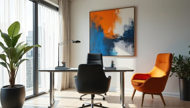 Modern home office with glass desk, black chairs, orange accent chair and large window. Contemporary art adorns the wall. A large plant adds plants. Natural light fills the spacious room. - Powered by Adobe