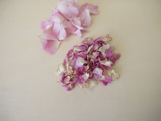 Fresh and dried petals from the wild dog rose on a wooden background, Rosa canina
