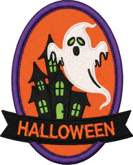 Spooky ghost haunts a creepy mansion with 'Halloween' banner, perfect for festive decorations and party themes.