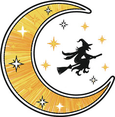 Magical witch rides broomstick across crescent moon surrounded by shimmering stars creating a mystical Halloween night scene