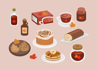 Autumn Maple Desserts and drink with Maple Syrup and Leaves