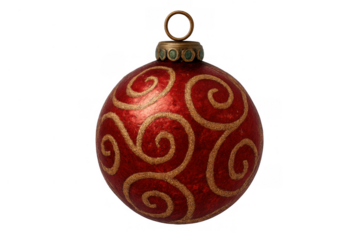 Red christmas bauble with golden swirl pattern ornament, festive holiday decoration, transparent background
