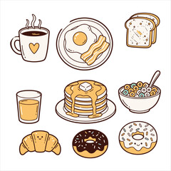 Stock vector set of coffee and sweets icons with desserts like cake, chocolate, and croissant, along with breakfast drink cups