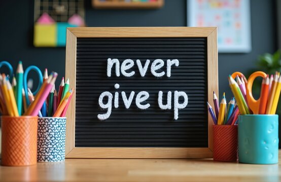Chalkboard message never give up surrounded by colored pencils and scissors. Encouragement for school, work, or life goals. Ready for creative projects.