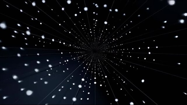 The camera moves forward through a dark space filled with rows of glowing white dots, creating the effect of a star tunnel or light-speed motion