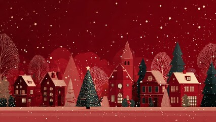 Obraz premium Snowing winter village with red houses decorated Christmas trees and bare winter trees