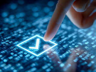Finger pressing illuminated checkmark icon on digital screen with binary code background symbolizing technology approval and data verification process