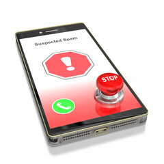 Smartphone mit Spam und Buzzer Stop zeigt Bildschirm eines unbekannten Anrufers oder Spamanruf auf transparenten Hintergrund, freigestellt